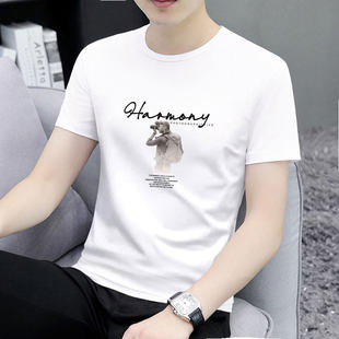 t恤男纯棉夏季 大码 新款 男士 上衣帅 潮牌印花圆领修身 高端白色短袖