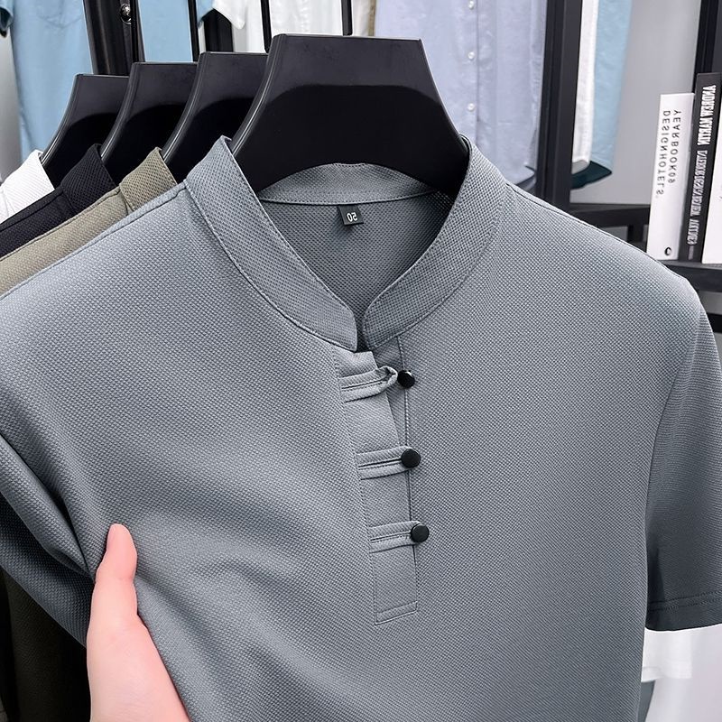 2025夏季复古中国风短袖t恤男士立领休闲半袖上衣有领爸爸体恤衫