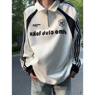 美式半拉链polo衫卫衣男秋高街痞帅vibe长袖t恤拼接条纹翻领球衣