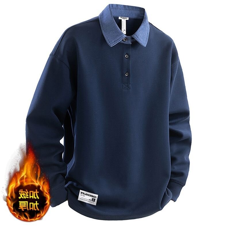 潮牌休闲长袖T恤套头上衣男2025秋冬加绒加厚翻领Polo衫贴标卫衣