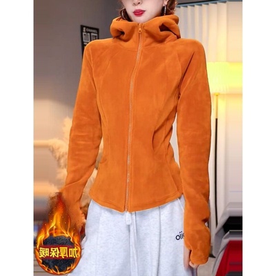 2025秋冬加绒加厚橙色柔绒质感连帽卫衣女大码修身保暖长袖外套女