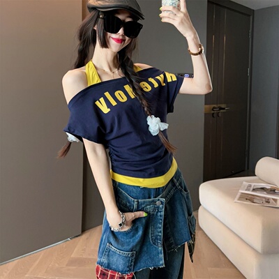 时尚露肩短袖T恤男女款夏季2025新款时尚宽松显瘦设计师短款上衣