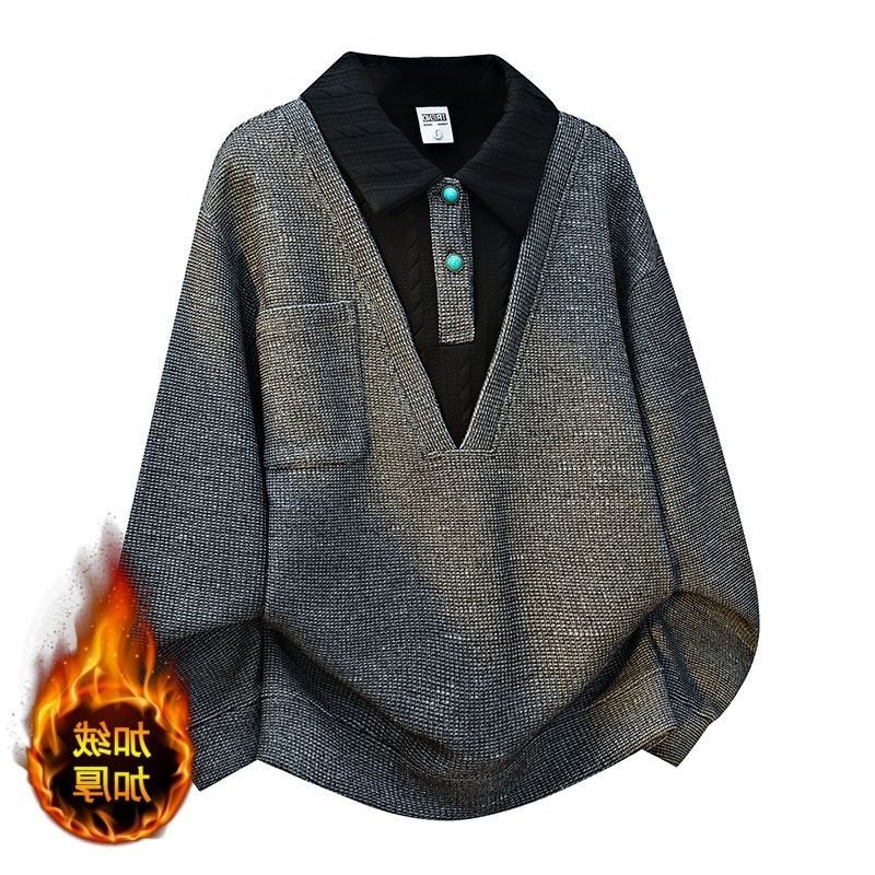 假两件POLO衫卫衣男士2025秋冬加绒加厚潮流休闲大码宽松长袖T恤,男装,T恤,淘宝优惠券,粉丝福利购,淘宝优惠卷