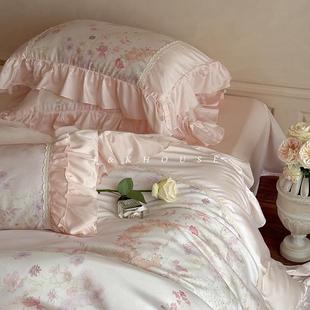Girlish 被套床上用品 法式 少女天丝棉四件套花边花卉印花公主新款