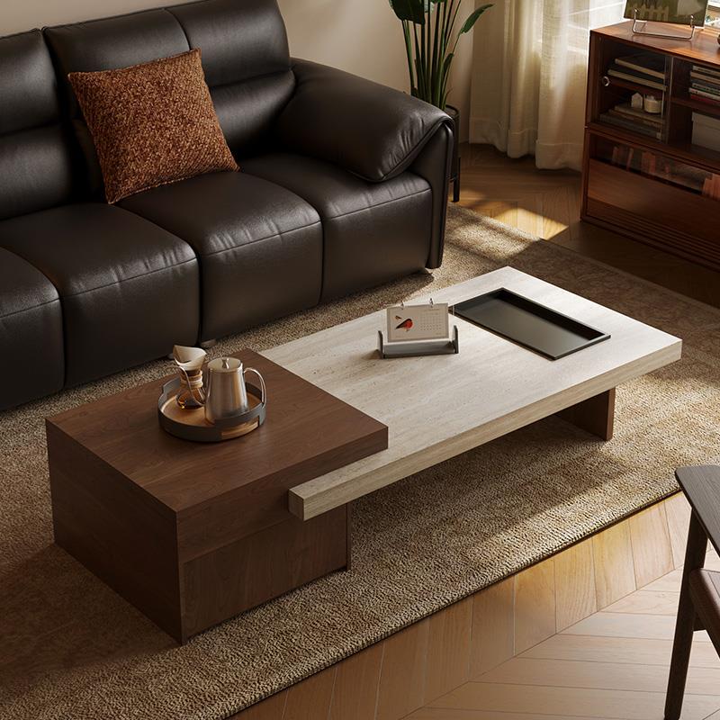 2025新款中古风洞石岩板茶几伸缩岛台茶几别墅风格简约胡桃木色纹