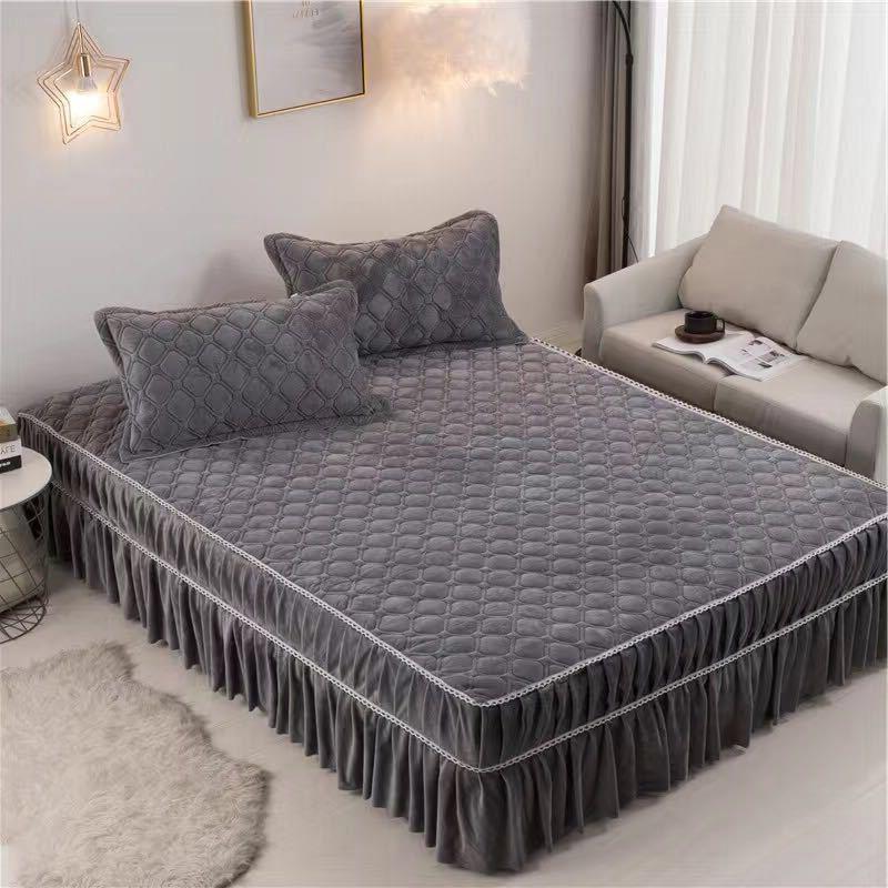 水晶绒床裙纯色床罩珊瑚绒加绒加厚床笠毛绒床单冬法兰绒夹棉床盖