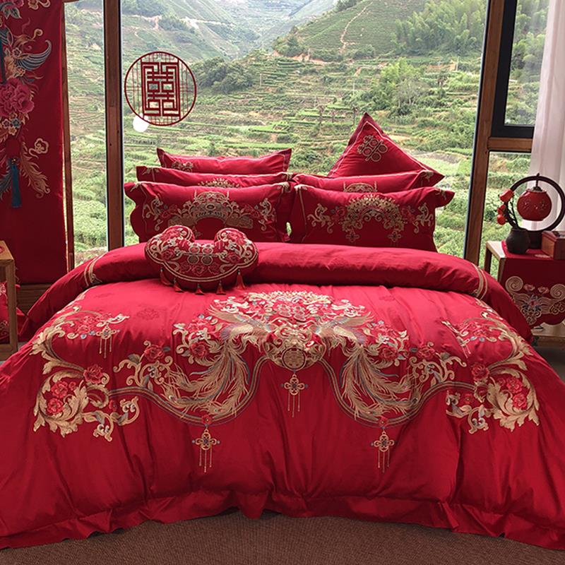 高端140支匹马棉四件套全棉婚庆刺绣被套大红色中式新婚床上用品