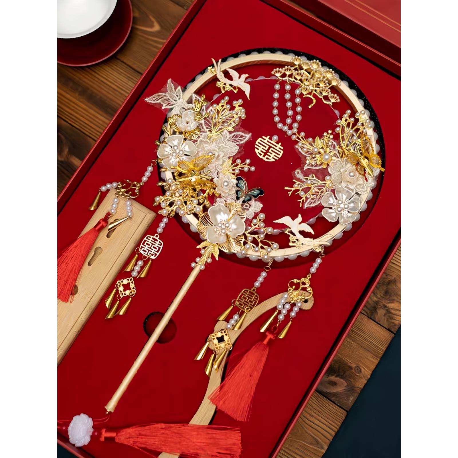 双面手工豪华新娘团扇结婚礼物材料包闺蜜结婚古风喜扇出嫁diy扇