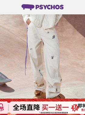 【买一送一】PSYCHOS老钱风鞋带叠搭灯芯绒休闲裤刺绣香蕉裤男女