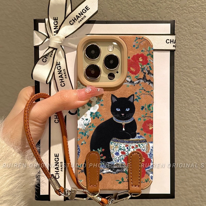 青花瓷牡丹黑猫适用iPhon
