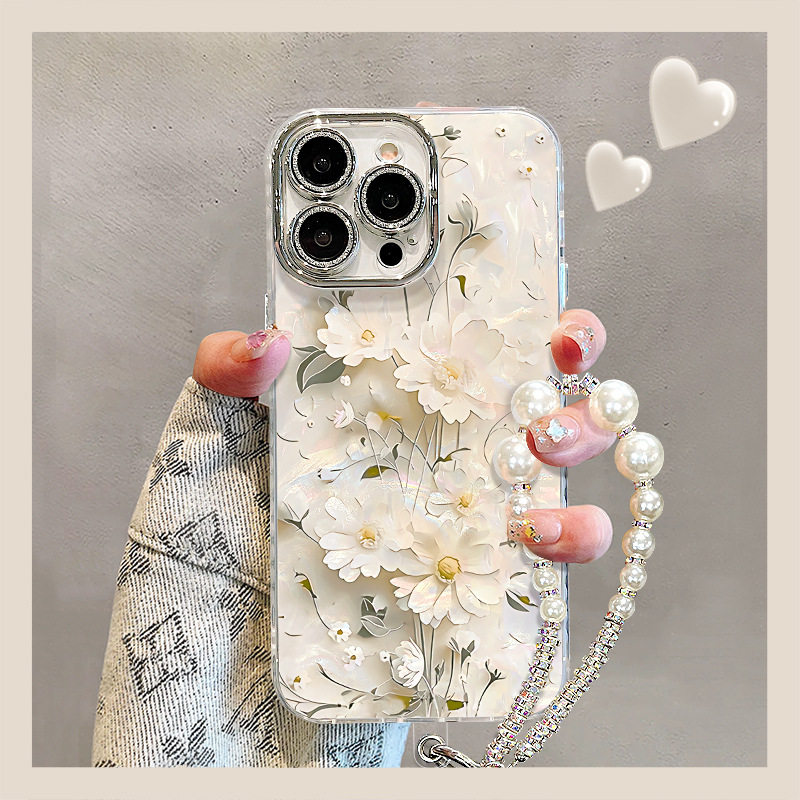 适用苹果17promax手机壳16白色雏菊手链mate80高颜值15清新14全包