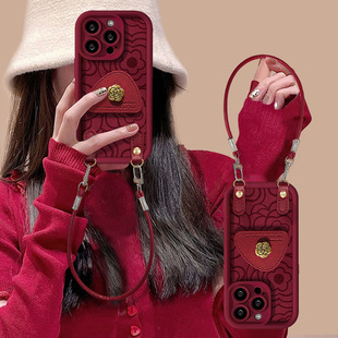 山茶花支架挂绳适用苹果16promax手机壳13硅胶小羊皮15/14/12/11