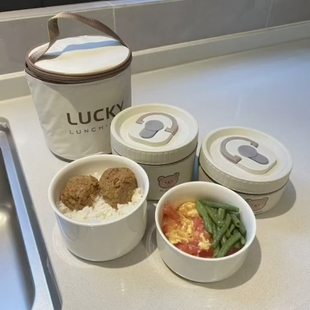 午餐盒便携餐具 奶油风保温饭盒小学生上班族便当盒微波炉加热新款