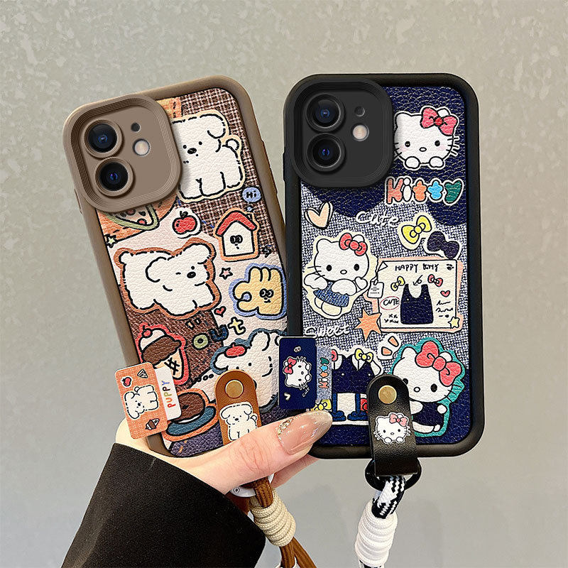 适用苹果XS铆钉手绳iPhone6Plus手绘时尚11跨境KT猫SE2手机壳7/8P
