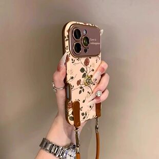 皮纹山茶花适用苹果17promax手机壳新款iphone16pro小羊皮15PM时尚创意14带挂绳13高级感女17全包防摔保护套