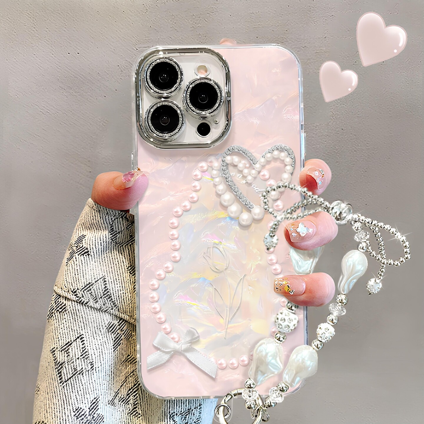 适用苹果17promax新品手机壳镜头全包16珍珠蝴蝶结手链华为mate80高级感15轻奢小米17女vivoX300奢华闪钻爱心