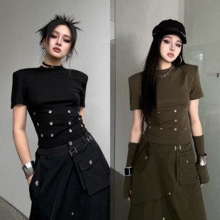 Blackgirl【坏蛋联盟】重金属镂空短袖上衣夏季显瘦设计小众T恤女
