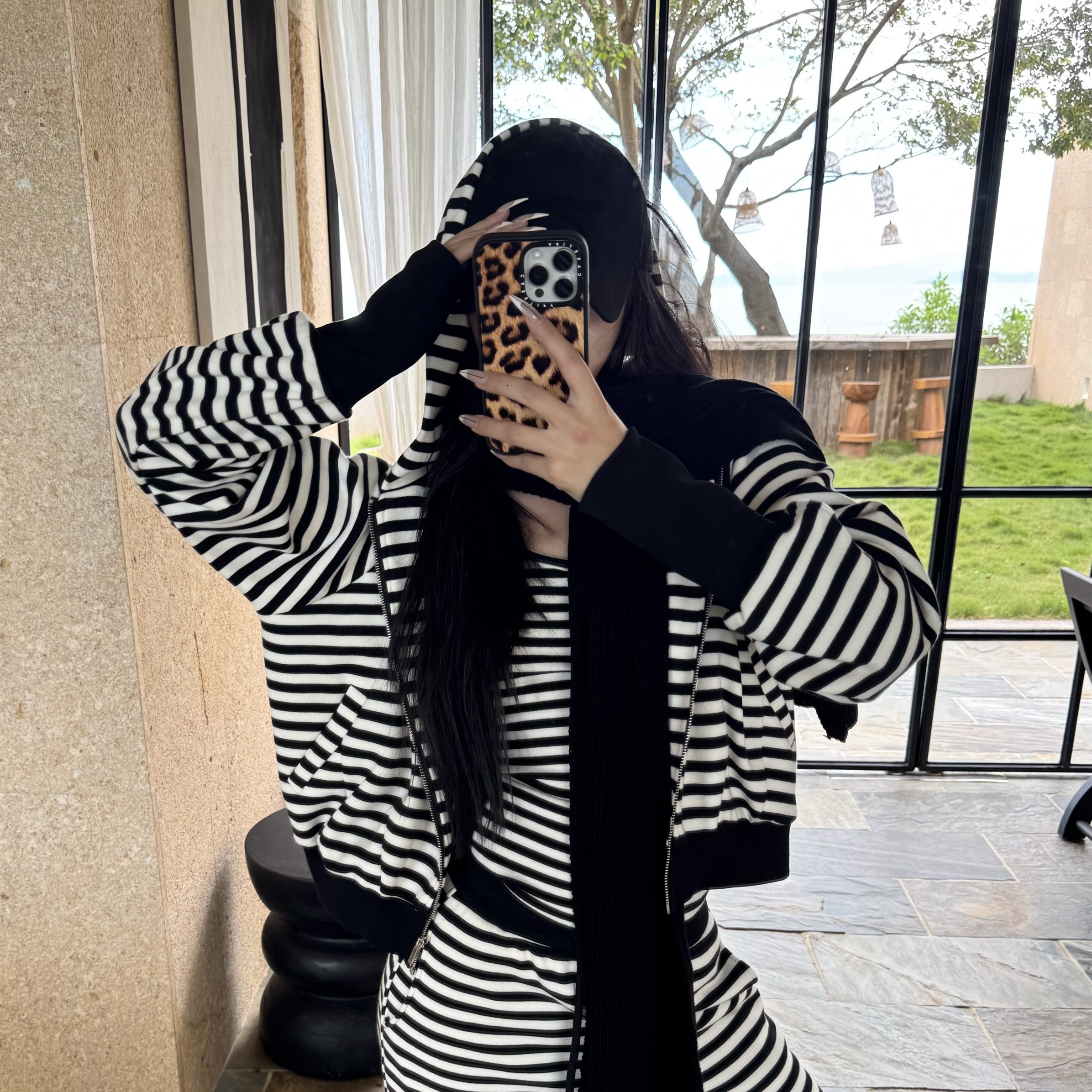 Blackgirl【穿搭日记】条纹加绒连帽套装韩系外套阔腿裤冬季加厚