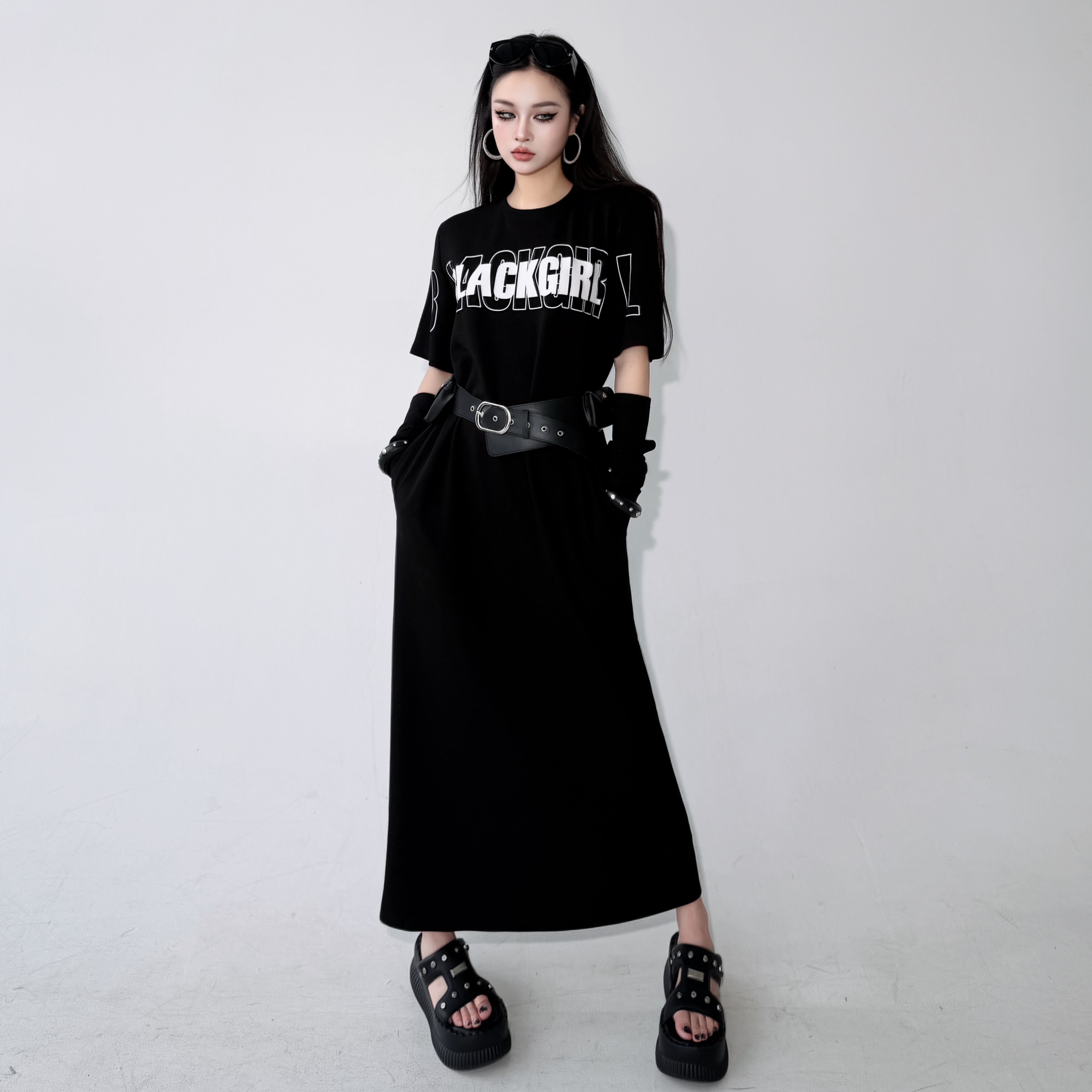 Blackgirl【时尚达人】圆领短袖连衣裙字母印花显瘦长裙夏季新款