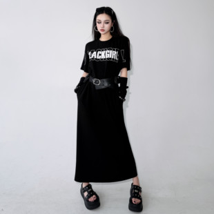 Blackgirl【时尚达人】圆领短袖连衣裙字母印花显瘦长裙夏季新款