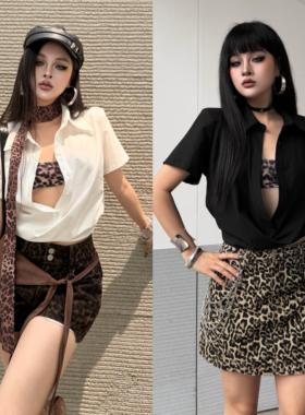 Blackgirl【罪恶都市】翻领纯色上衣T恤夏季薄款短袖辣妹性感显瘦