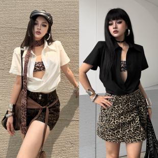Blackgirl【罪恶都市】翻领纯色上衣T恤夏季薄款短袖辣妹性感显瘦