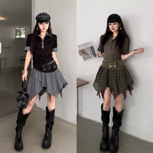 Blackgirl【自律女孩】夏季格纹POLO衫短裙套装显瘦时尚两件套女
