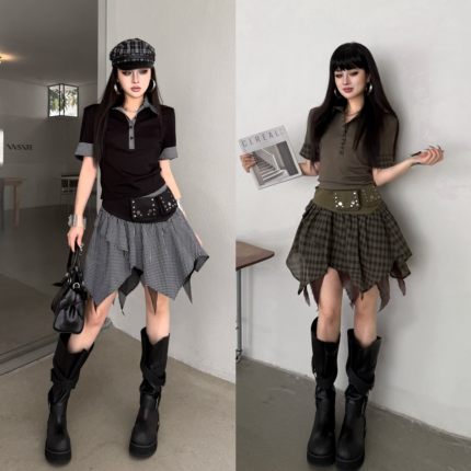 Blackgirl【自律女孩】夏季格纹POLO衫短裙套装显瘦时尚两件套女