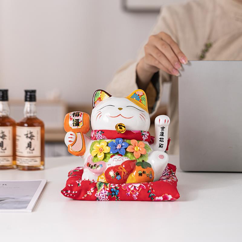 招财猫自动摇手陶瓷摆件送礼店铺开业收银台乔迁礼物手工花装饰