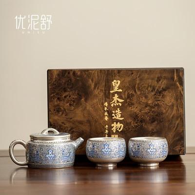 周鸿杰999鎏银天命玄鸟汉瓦壶一壶两杯礼盒装高档功夫茶具送礼物