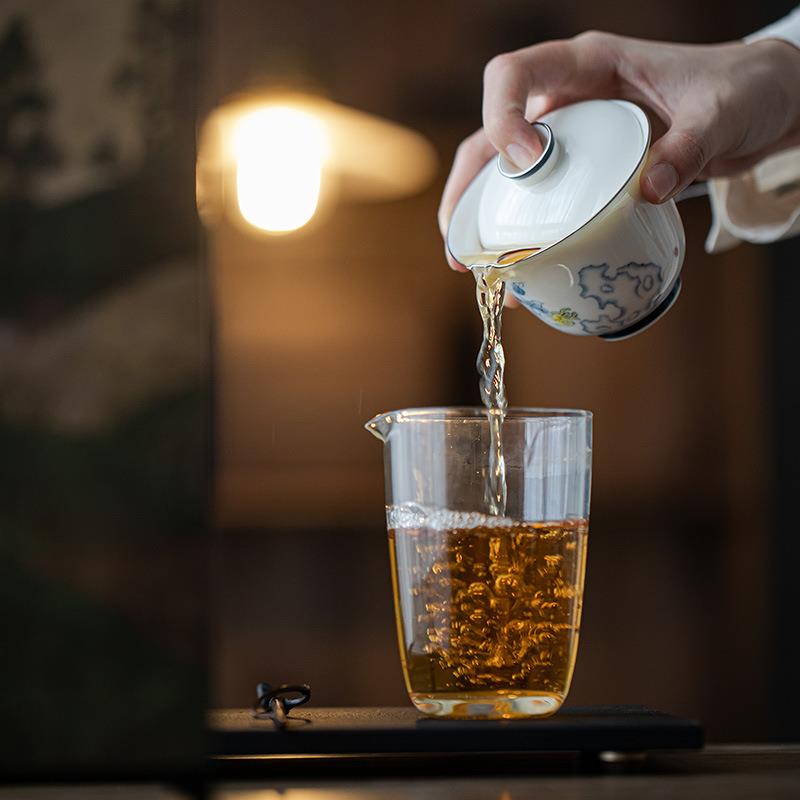 高档玉瓷盖碗青花手绘釉下彩描白金边家用泡茶器佛手清供华初茶碗