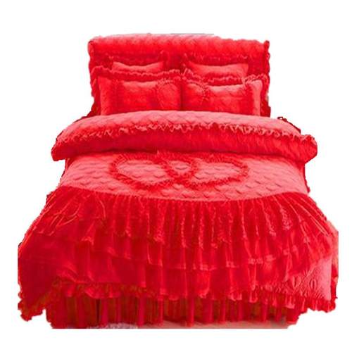 1pkn批发婚庆大红色公主风床罩结婚被子夹棉床裙四件套款床上蕾丝