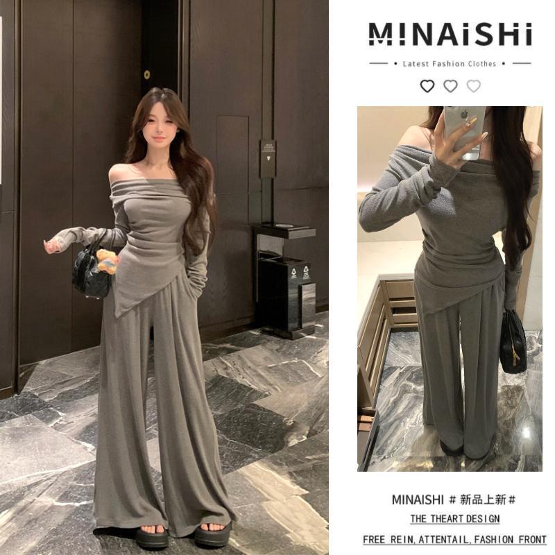 网红同款设计感不规则露肩长袖T恤上衣+高腰休闲阔腿裤拖地裤套装