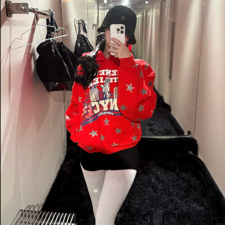 2025新款女装长款简约云朵绒复合薄款#加绒#口袋连体印花卫衣女装