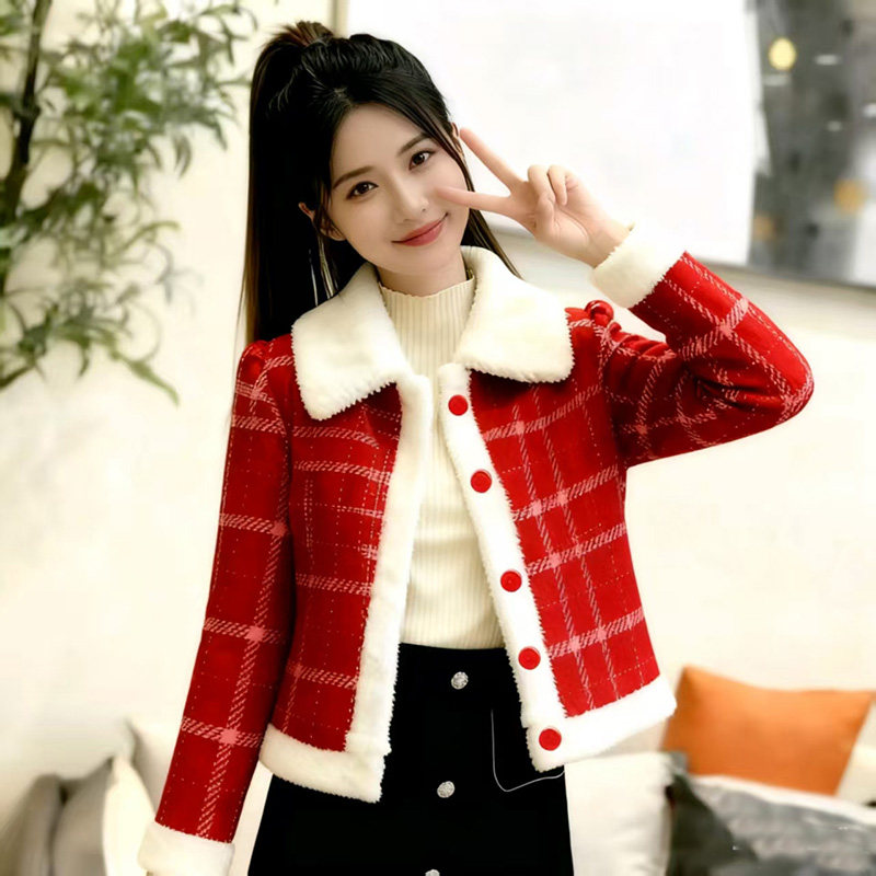 小香风名媛超仙红色格纹外套女秋冬圣诞夹棉加绒加厚过年百搭上衣