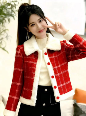 小香风名媛超仙红色格纹外套女秋冬圣诞夹棉加绒加厚过年百搭上衣