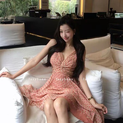 lazybons懒宅宅吊带连衣裙女名媛生日礼服纯欲性感收腰波点a字裙