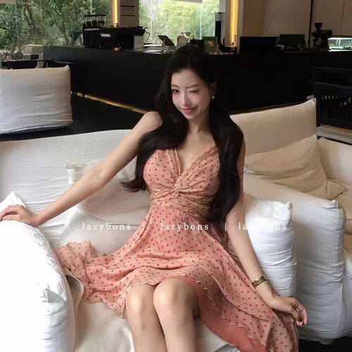 lazybons懒宅宅吊带连衣裙女名媛生日礼服纯欲性感收腰波点a字裙