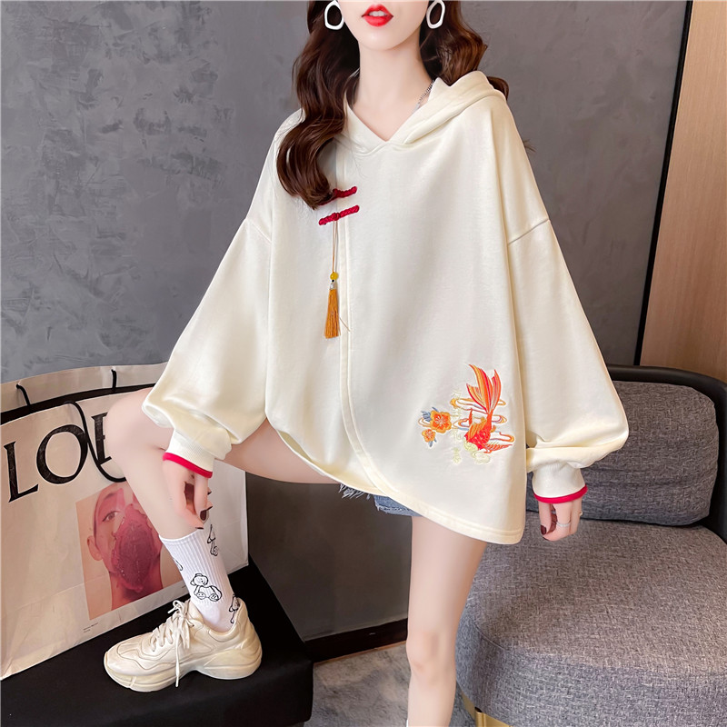 2025新款长款女装国潮中国风复古盘扣卫衣刺绣吊坠外套女潮女装