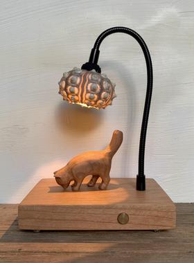 木雕猫咪元素可爱充电小夜灯木质创意礼品原木质实木充电夜灯摆件