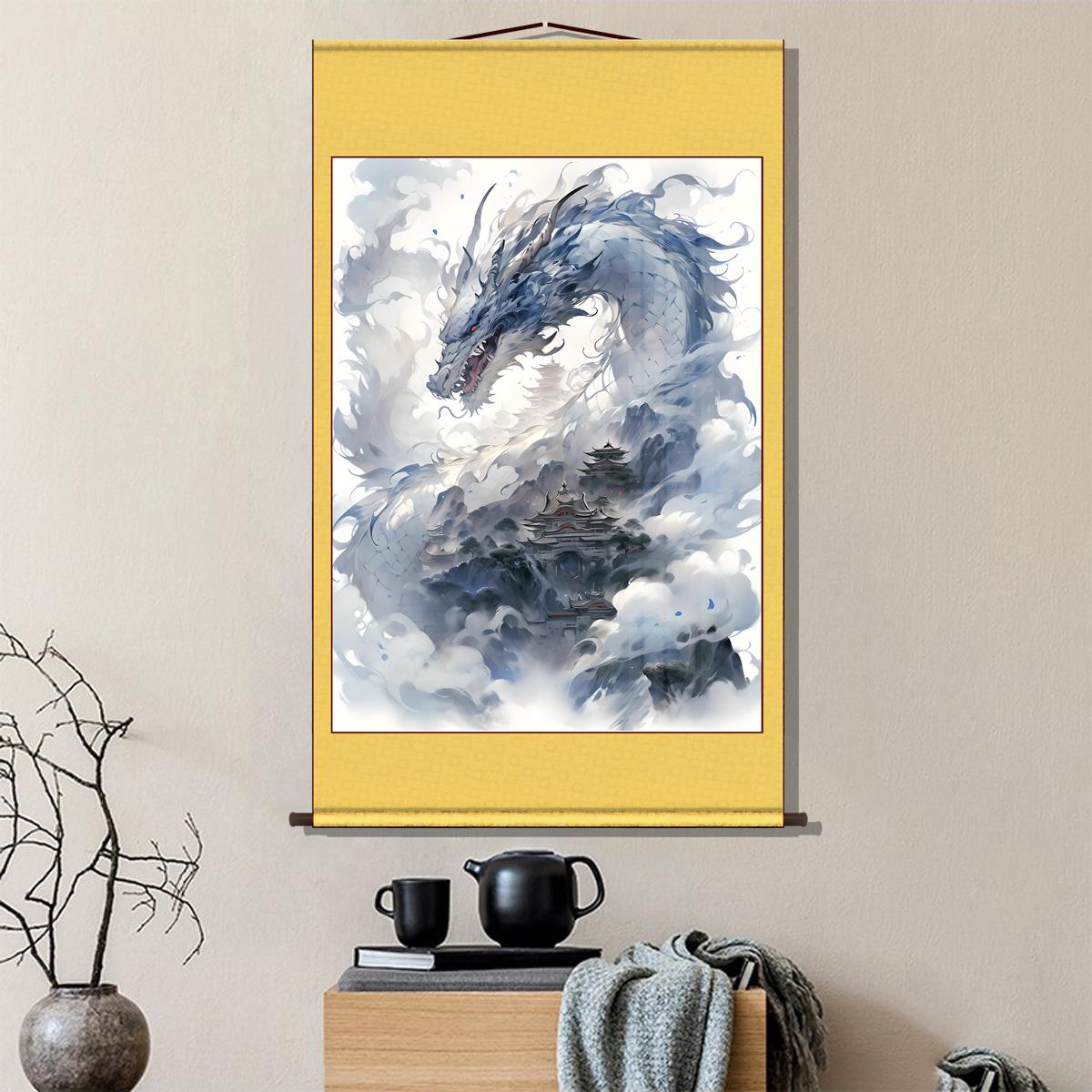 苍龙出海青龙画像丝绸挂画客厅装饰画招财玄关卷轴画壁画高清打印