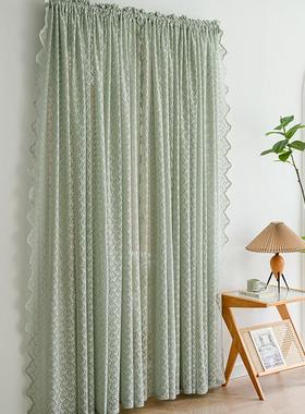 法式蕾丝绿色窗帘透光不透人纱帘少女心清新覆古魔术贴拱形门门帘