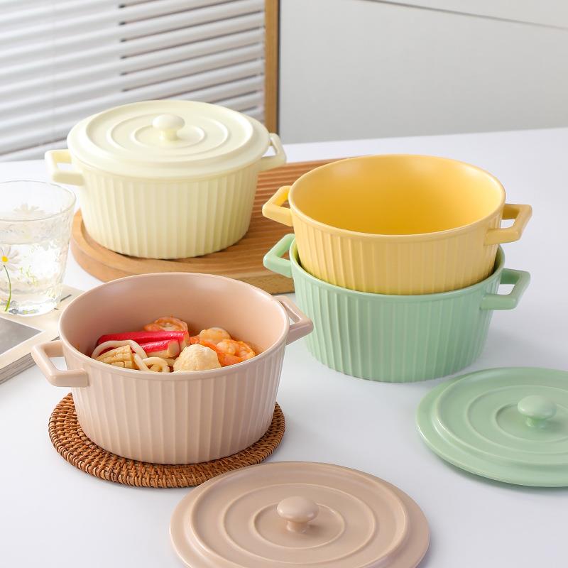 北欧双耳陶瓷带盖汤碗创意个性大号泡面碗家用双耳防烫沙拉碗餐具