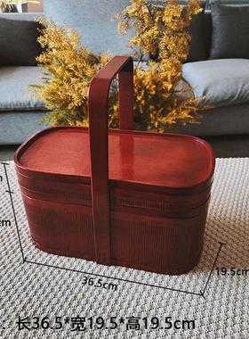 6buj竹篮手提篮红色带盖古典双层野餐篮拜佛拜神祭祖香篮竹编收纳