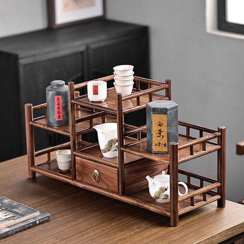 胡桃木茶具架 台桌上功夫杯壶茶叶配件摆放储置物收纳柜小博古架