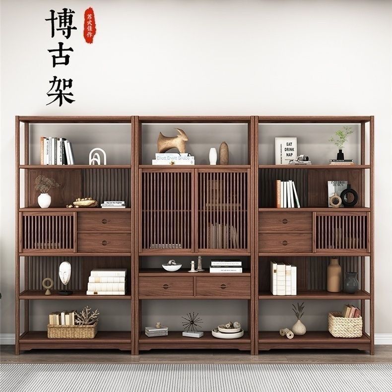 中式实木博古架书柜展示柜榆木多宝阁禅意书架茶室茶叶置物架