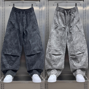 2025年秋季新款高级感抽绳美式伞兵工装裤扎染阔腿休闲裤子男士潮