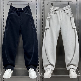 新款 百搭运动加绒加绒卫裤 纯色条纹休闲弯刀裤 时尚 男 男士 潮牌冬季