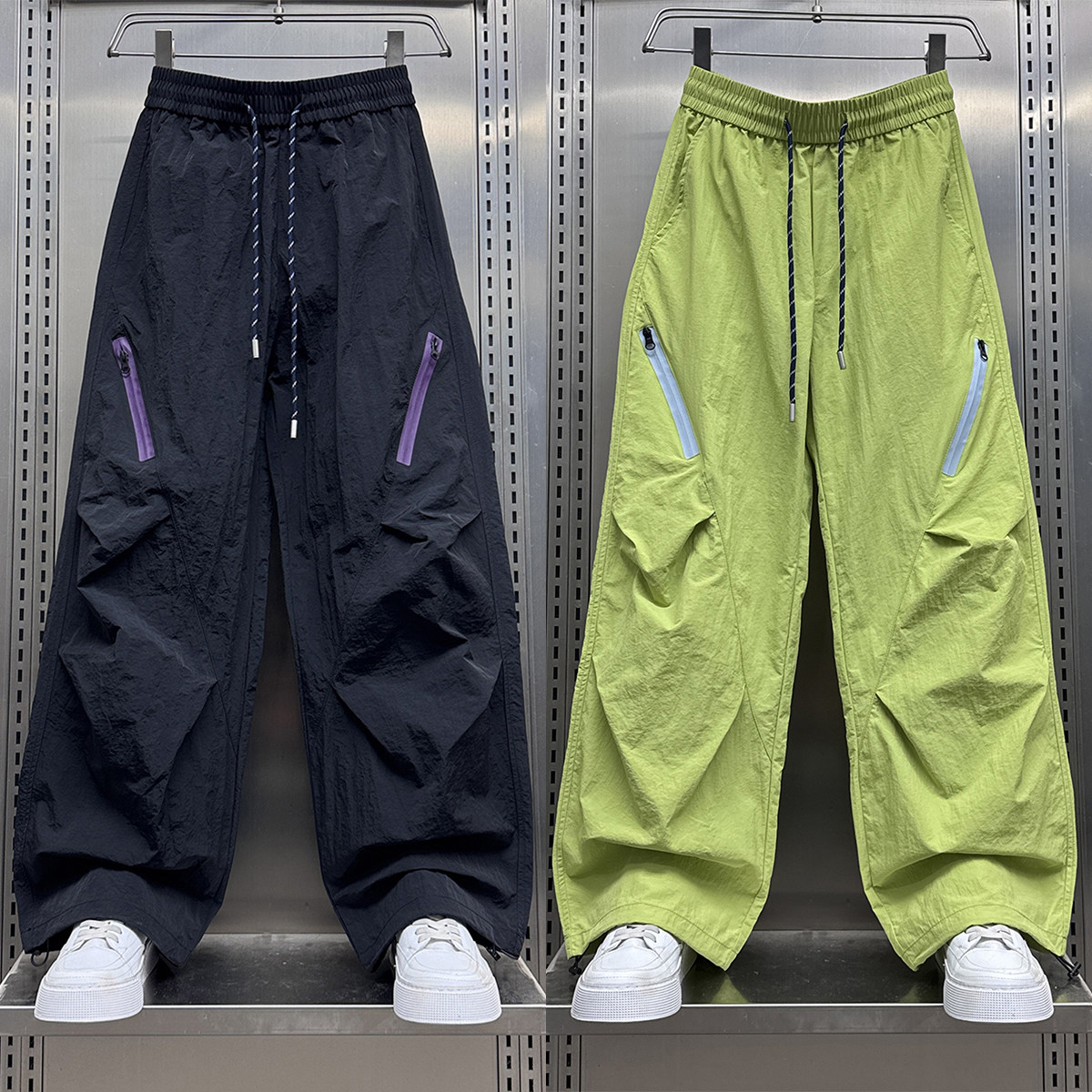 夏季新款青少年工装风抽绳束脚裤男女宽松多口袋拉链户外休闲裤子 - 实物图