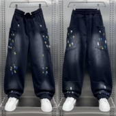 男士 宽松阔腿运动卫裤 韩版 休闲长裤 潮流痞帅拼接泼墨加绒弯刀裤 男